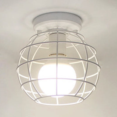 Retro-Style Globe Cage Metal Ceiling Light With 1 And Flush-Mount Design In Black/White White