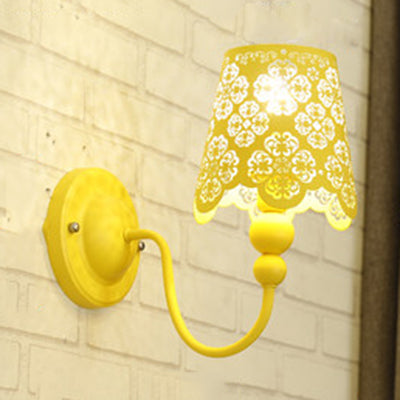 Baby Room Macaron Candy Colored Wall Sconce With Etched Empire Shade - 1 Light Iron Yellow