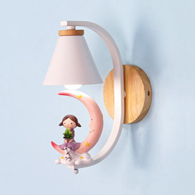 Child & Moon Coolie Wall Light - Cartoon Resin Sconce For Nursing Room Pink