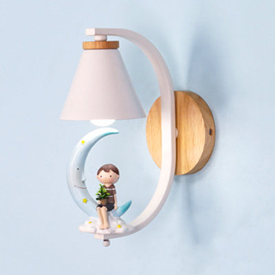 Child & Moon Coolie Wall Light - Cartoon Resin Sconce For Nursing Room Blue