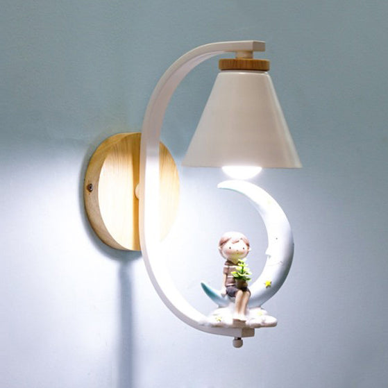 Child & Moon Coolie Wall Light - Cartoon Resin Sconce For Nursing Room