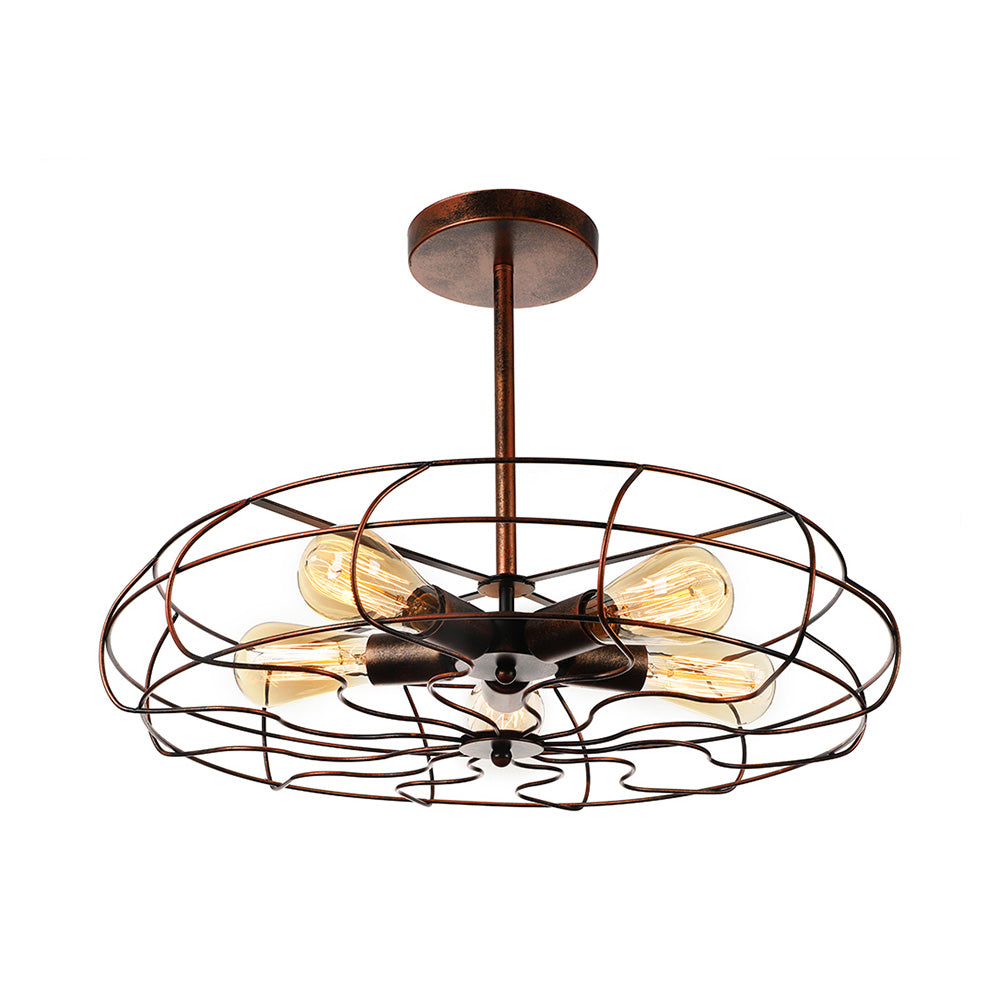 Vintage Fan Shaped 5-Light Iron Ceiling Light With Wire Cage Shade - Semi Flush Mount In Rust/Black