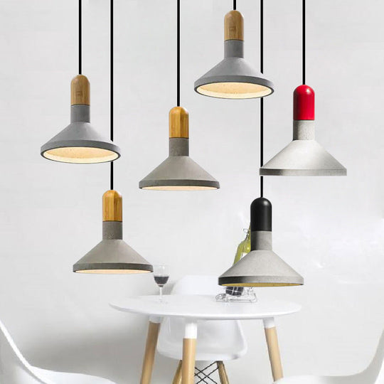 1-Light Industrial Conic Shade Hanging Cement Pendant Lamp in Wood/Red/Black Finish - Ideal for Tables