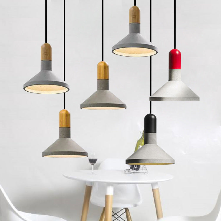 Cement Pendant Light With Conic Shade And Wood/Red/Black Finish For Industrial Table Decor