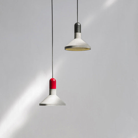 Cement Pendant Light With Conic Shade And Wood/Red/Black Finish For Industrial Table Decor