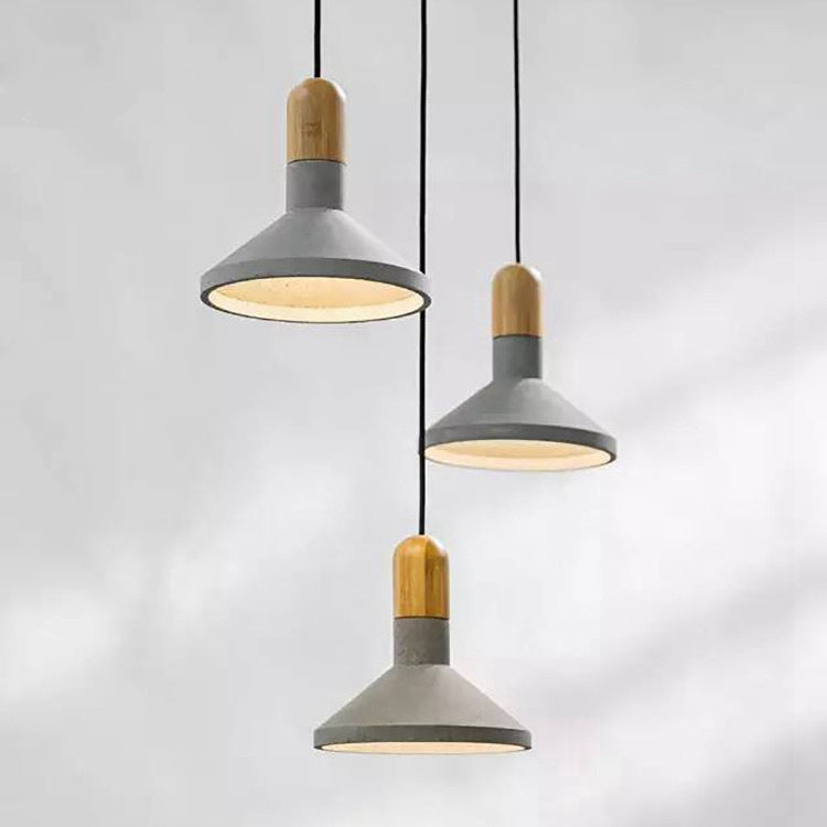 Cement Pendant Light With Conic Shade And Wood/Red/Black Finish For Industrial Table Decor