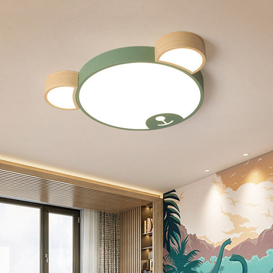 Kids Style Bedroom LED Flush Mount Pendant Light: Grey/Green Ceiling Fixture with Bear Acrylic Shade