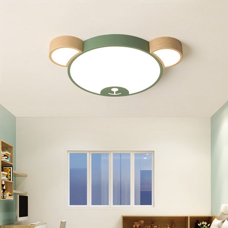 Kids Style Bedroom LED Flush Mount Pendant Light: Grey/Green Ceiling Fixture with Bear Acrylic Shade