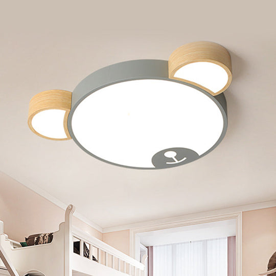 Kids Style Bedroom LED Flush Mount Pendant Light: Grey/Green Ceiling Fixture with Bear Acrylic Shade