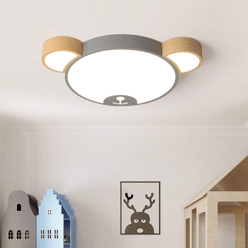 Kids Style Bedroom LED Flush Mount Pendant Light: Grey/Green Ceiling Fixture with Bear Acrylic Shade