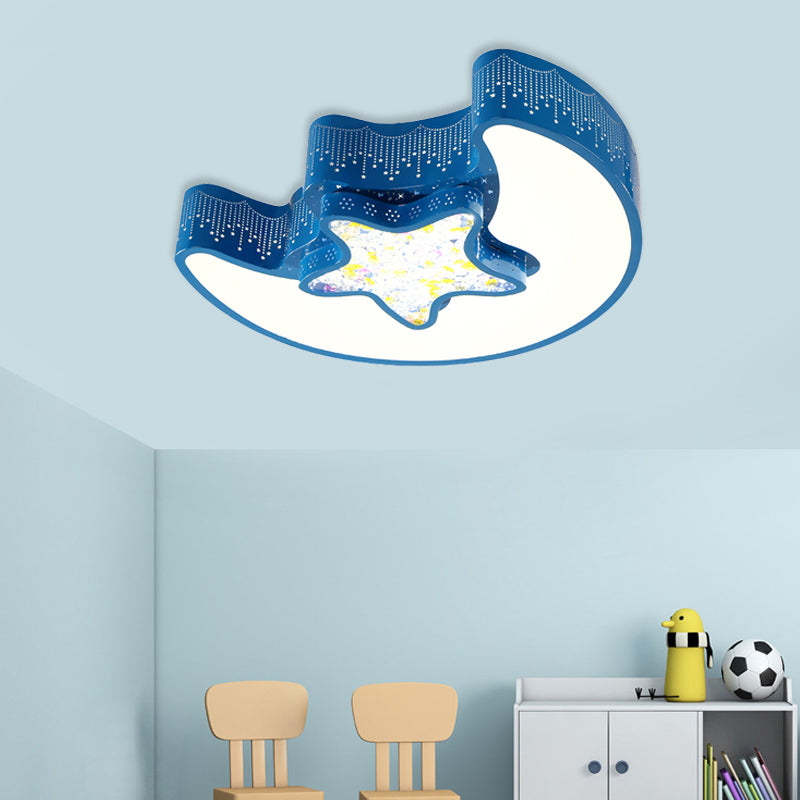 Starry Moon and Pentagram LED Ceiling Flush Lighting for Kids' Bedroom - Acrylic, Blue/Pink/White