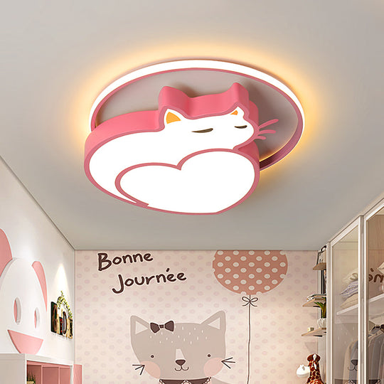 Kids Style Pink Cat-Shaped Ceiling Flushmount Light with Acrylic LED, Bedroom Lighting in Warm/White