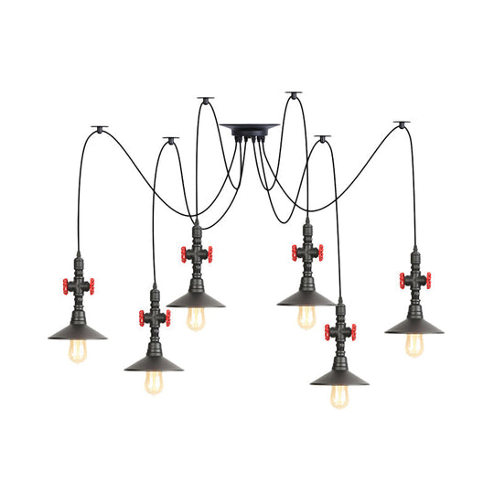 Iron Black Multi-Light Chandelier Saucer Vintage Style Ceiling Pendant Lamp With Valve Decor - 2/3/6