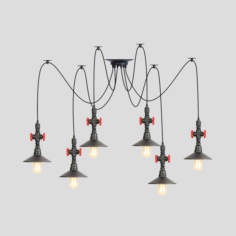 Iron Black Multi-Light Chandelier Saucer Vintage Style Ceiling Pendant Lamp With Valve Decor - 2/3/6