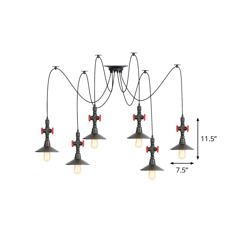 Iron Black Multi-Light Chandelier Saucer Vintage Style Ceiling Pendant Lamp With Valve Decor - 2/3/6