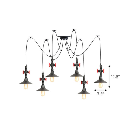 Iron Black Multi-Light Chandelier Saucer Vintage Style Ceiling Pendant Lamp With Valve Decor - 2/3/6