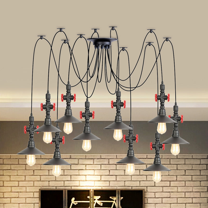 Iron Black Multi-Light Chandelier Saucer Vintage Style Ceiling Pendant Lamp With Valve Decor - 2/3/6