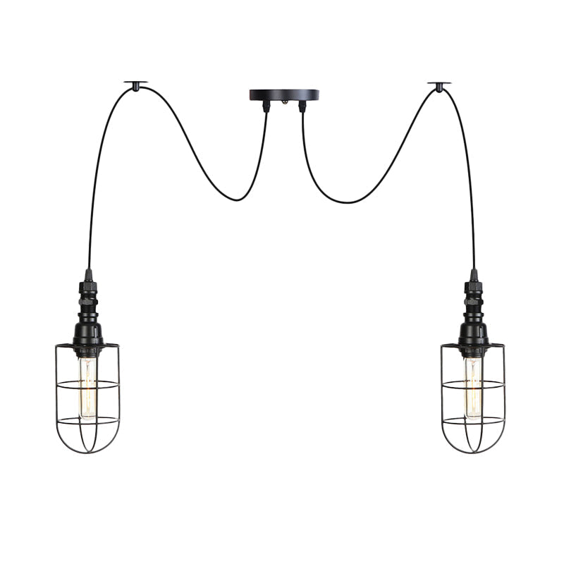 Antiqued Caged Iron Swag Pendant Lighting - 2/3/6 Bulbs Mini Multiple Hanging Lamp In Black