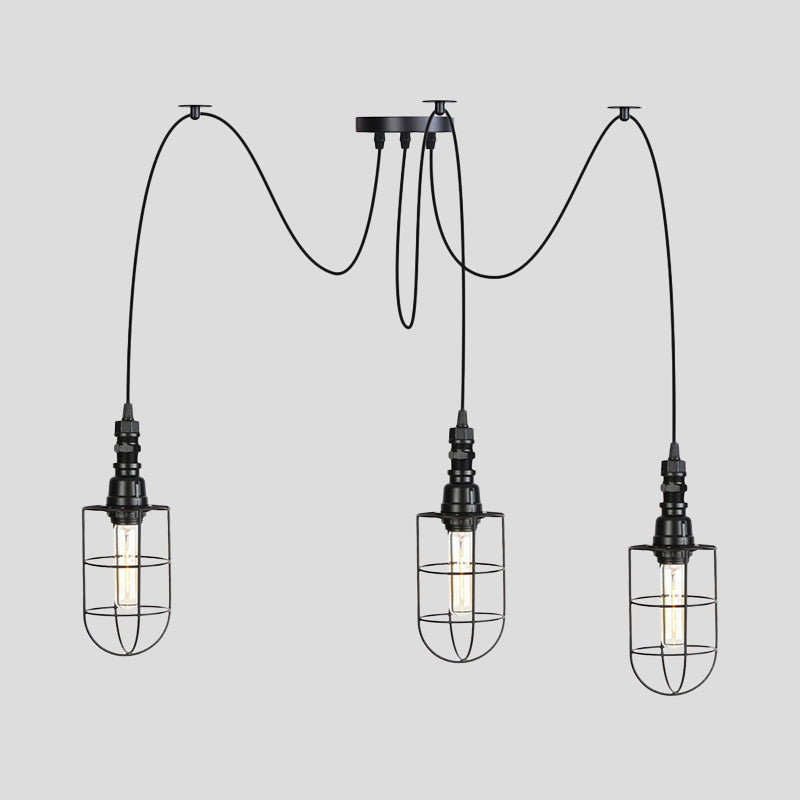 Antiqued Caged Iron Swag Pendant Lighting - 2/3/6 Bulbs Mini Multiple Hanging Lamp In Black