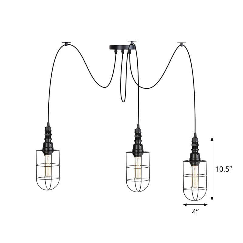 Antiqued Caged Iron Swag Pendant Lighting - 2/3/6 Bulbs Mini Multiple Hanging Lamp In Black