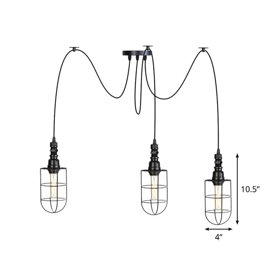 Antiqued Caged Iron Swag Pendant Lighting - 2/3/6 Bulbs Mini Multiple Hanging Lamp In Black