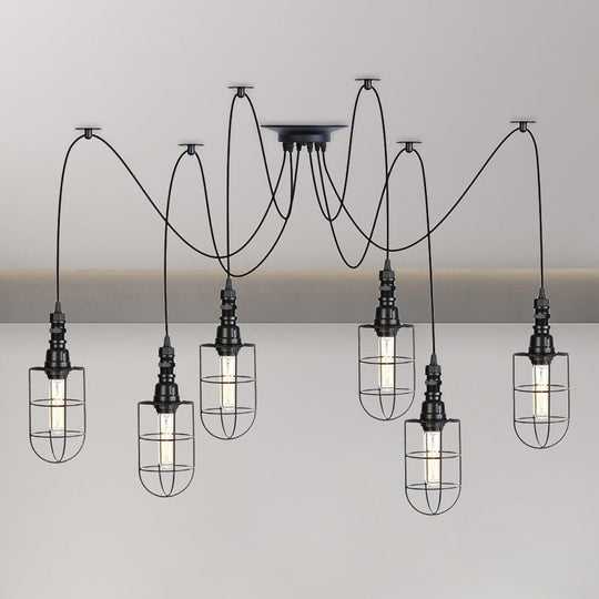 Antiqued Caged Iron Swag Pendant Lighting - 2/3/6 Bulbs Mini Multiple Hanging Lamp In Black 6 /