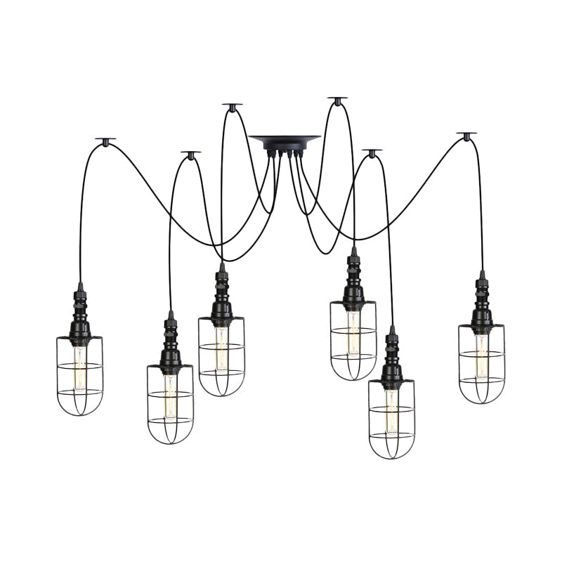 Antiqued Caged Iron Swag Pendant Lighting - 2/3/6 Bulbs Mini Multiple Hanging Lamp In Black