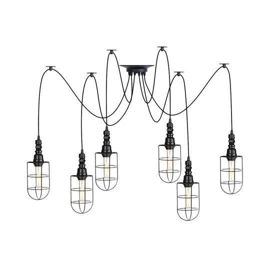 Antiqued Caged Iron Swag Pendant Lighting - 2/3/6 Bulbs Mini Multiple Hanging Lamp In Black