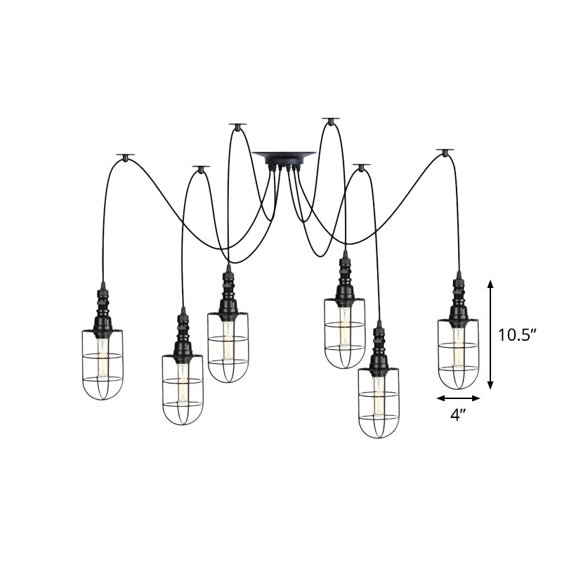 Antiqued Caged Iron Swag Pendant Lighting - 2/3/6 Bulbs Mini Multiple Hanging Lamp In Black