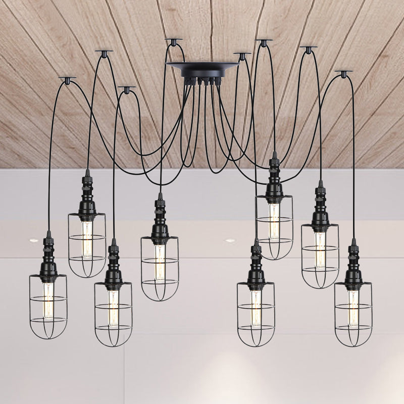 Antiqued Caged Iron Swag Pendant Lighting - 2/3/6 Bulbs Mini Multiple Hanging Lamp In Black 8 /