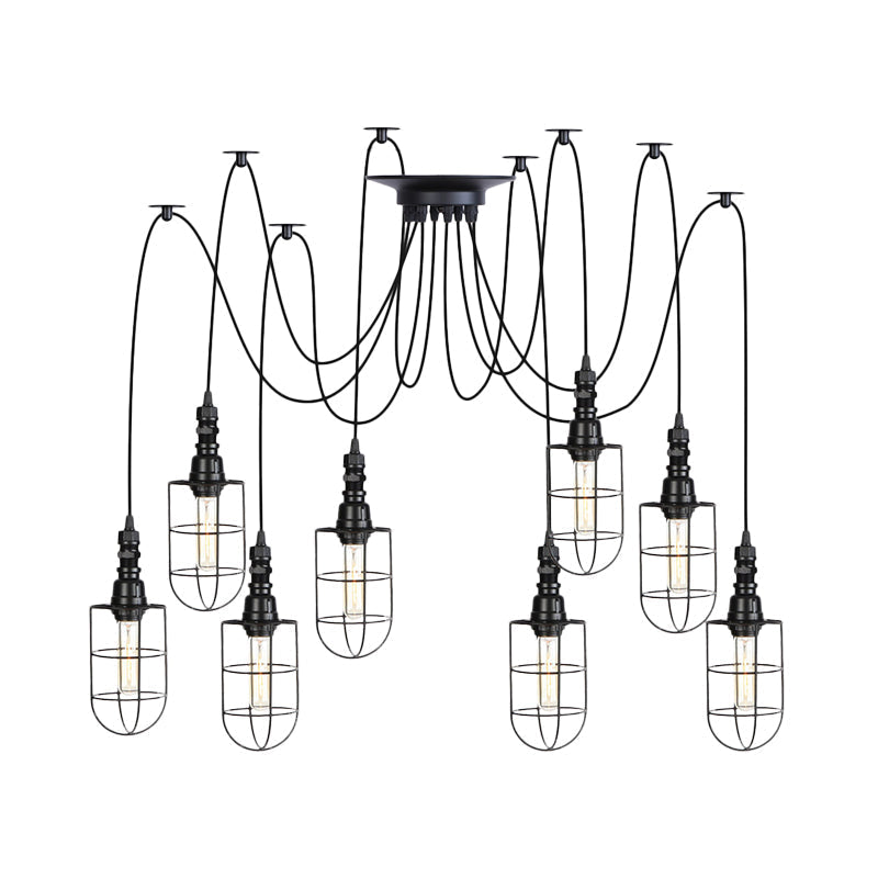 Antiqued Caged Iron Swag Pendant Lighting - 2/3/6 Bulbs Mini Multiple Hanging Lamp In Black