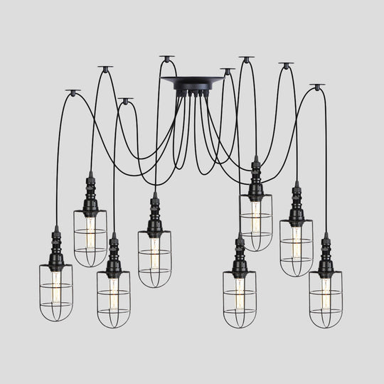 Antiqued Caged Iron Swag Pendant Lighting - 2/3/6 Bulbs Mini Multiple Hanging Lamp In Black