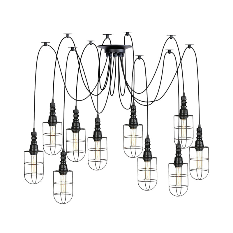 Antiqued Caged Iron Swag Pendant Lighting - 2/3/6 Bulbs Mini Multiple Hanging Lamp In Black