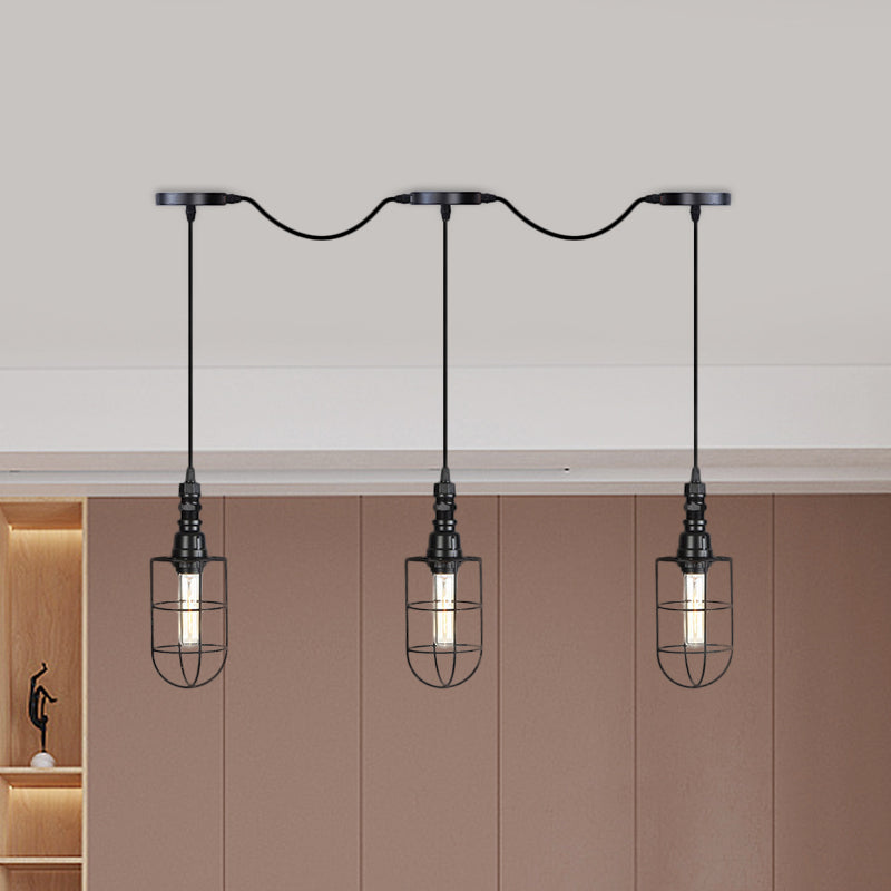 3/5/7-Head Iron Tandem Ceiling Light In Rustic Black Finish With Wire Cage - Perfect For Restaurants