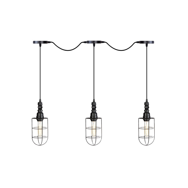 Rustic Black Wire Cage Pendant Lamp - Tandem Multi Ceiling Light Fixture with Iron Heads for Restaurants