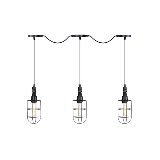 Rustic Black Wire Cage Pendant Lamp - Tandem Multi Ceiling Light Fixture with Iron Heads for Restaurants