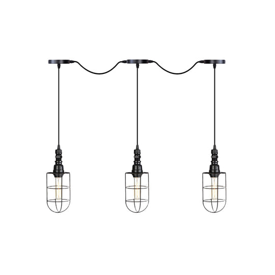 3/5/7-Head Iron Tandem Ceiling Light In Rustic Black Finish With Wire Cage - Perfect For Restaurants