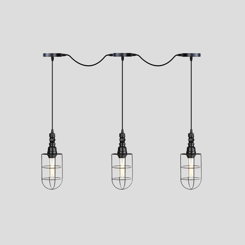 Rustic Black Wire Cage Pendant Lamp - Tandem Multi Ceiling Light Fixture with Iron Heads for Restaurants