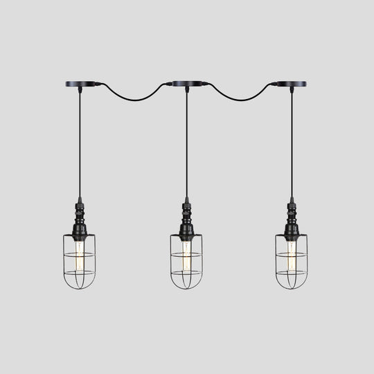 3/5/7-Head Iron Tandem Ceiling Light In Rustic Black Finish With Wire Cage - Perfect For Restaurants