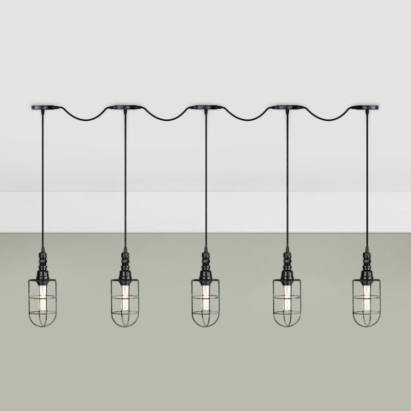 3/5/7-Head Iron Tandem Ceiling Light In Rustic Black Finish With Wire Cage - Perfect For Restaurants