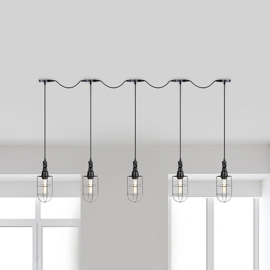 3/5/7-Head Iron Tandem Ceiling Light In Rustic Black Finish With Wire Cage - Perfect For Restaurants