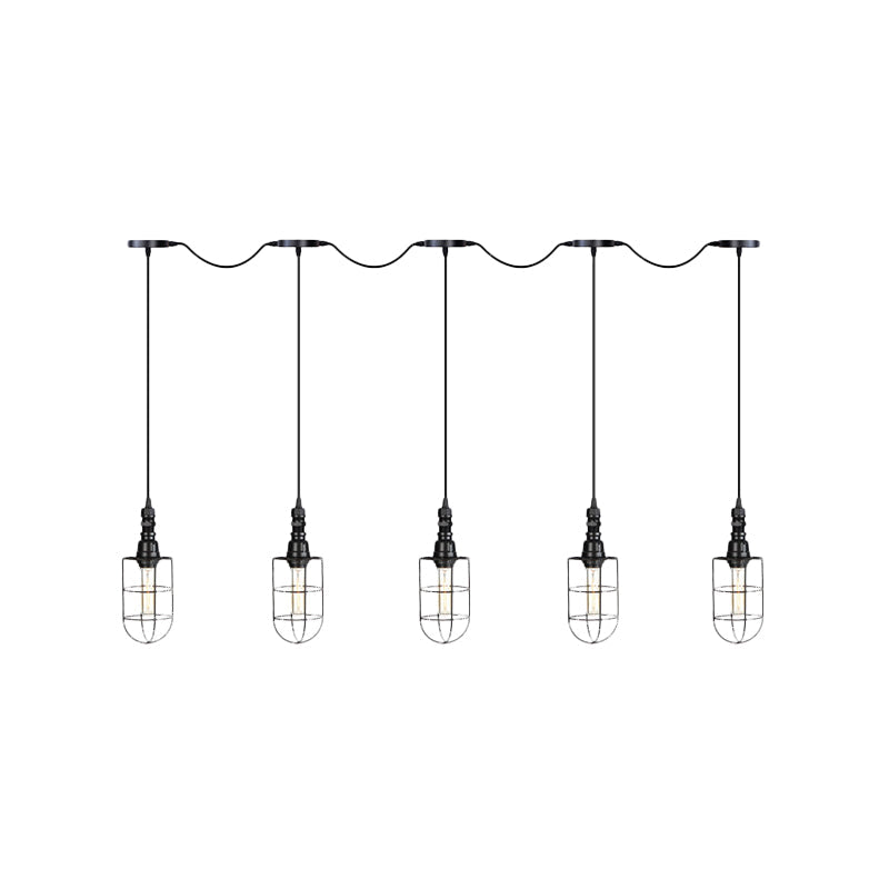 Rustic Black Wire Cage Pendant Lamp - Tandem Multi Ceiling Light Fixture with Iron Heads for Restaurants