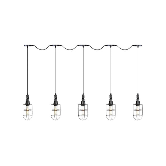 Rustic Black Wire Cage Pendant Lamp - Tandem Multi Ceiling Light Fixture with Iron Heads for Restaurants