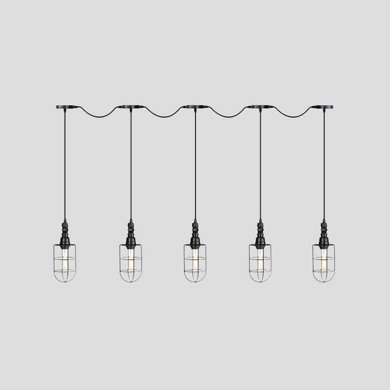 3/5/7-Head Iron Tandem Ceiling Light In Rustic Black Finish With Wire Cage - Perfect For Restaurants