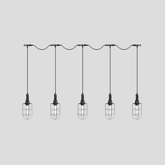 3/5/7-Head Iron Tandem Ceiling Light In Rustic Black Finish With Wire Cage - Perfect For Restaurants