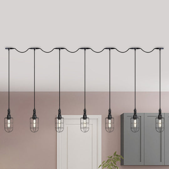 3/5/7-Head Iron Tandem Ceiling Light In Rustic Black Finish With Wire Cage - Perfect For Restaurants