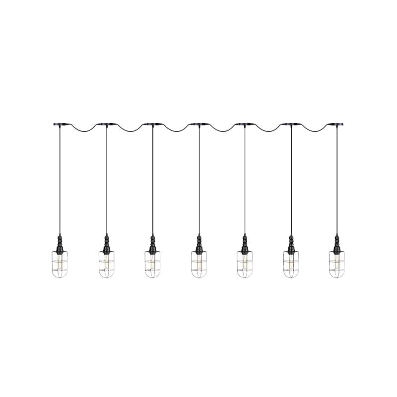 3/5/7-Head Iron Tandem Ceiling Light In Rustic Black Finish With Wire Cage - Perfect For Restaurants