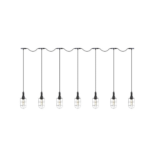 3/5/7-Head Iron Tandem Ceiling Light In Rustic Black Finish With Wire Cage - Perfect For Restaurants