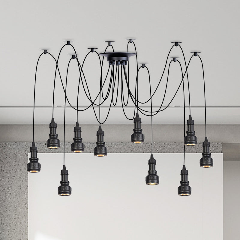 Water Pipe Multi Light Chandelier - Farmhouse-Style Black Iron Swag LED Pendant