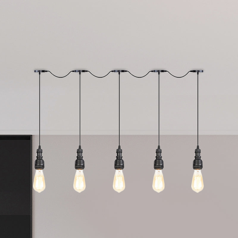 Vintage Iron Pendant Lamp With Exposed Bulbs - 5/7 Lights Black Finish Tandem Multi Hanging Fixture